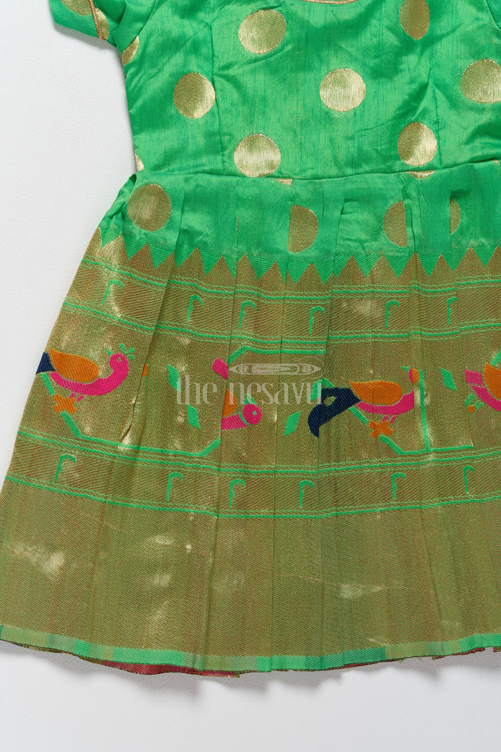 The Nesavu Silk Frock Vibrant Green New Model Frock for Girls with Golden Jacquard and Puff Sleeves Nesavu Nesavus Vibrant Green New Model Frock Golden Jacquard Girls