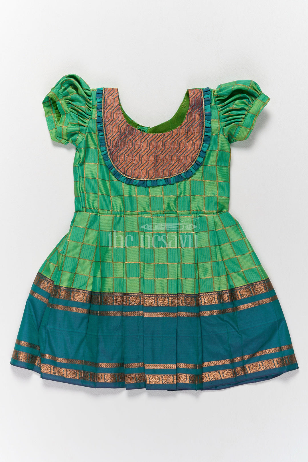 The Nesavu Girls Kanchi Silk Frock Vibrant Green Pattu Long Frock for Girls with Golden Checkered Pattern and Ruffled Yoke Nesavu 14 (6M) / Green / Style 3 SF812C-14 Nesavus Green Pattu Long Frock Girls Golden Checkered Blend Silk Detailing