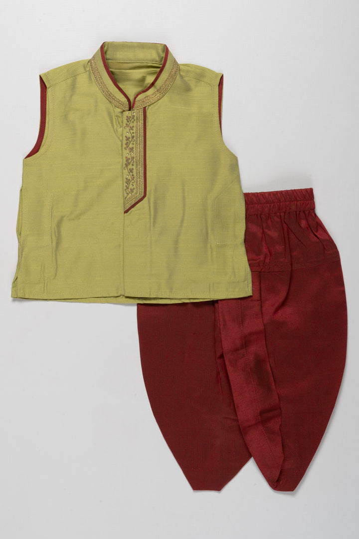 The Nesavu Boys Dothi Set Vibrant Green Sleeveless Kurta with Maroon Dhoti Set for Boys Nesavu 12 (3M) / Green / Cotton Silk BES549B-12 Boys Green Sleeveless Kurta with Maroon Dhoti Set | Festive Traditional Wear | The Nesavu