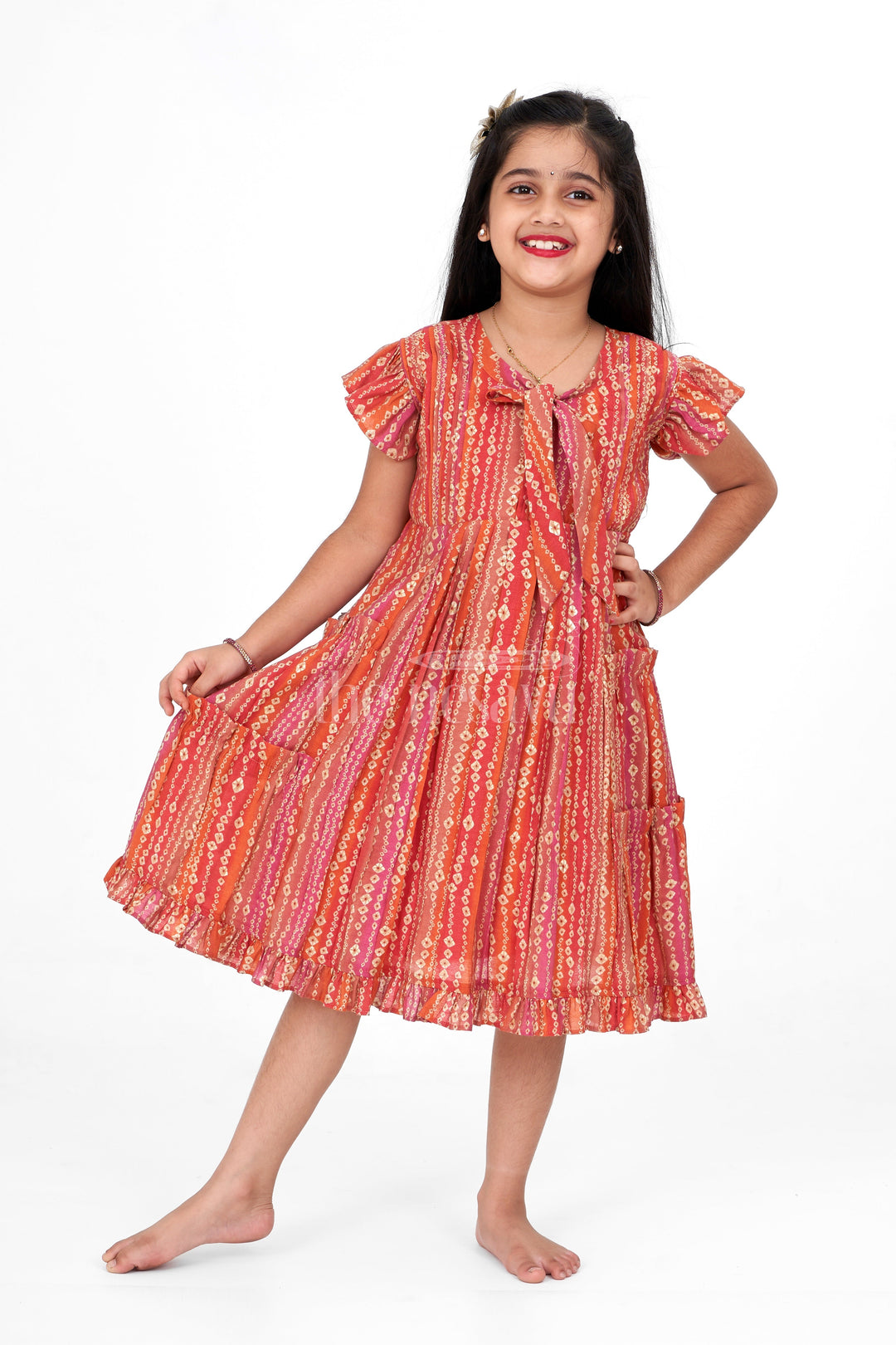 The Nesavu Girls Cotton Frock Vibrant Knee Length Cotton Frock for Ladies in Printed Chanderi with Ruffle Sleeves Nesavu 16 (1Y) / Orange GFC1396C-16 Nesavu Knee Length Cotton Frock Ladies Printed Chanderi  Perfect Summer Festive Celebrations