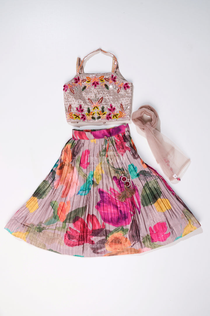The Nesavu Girls Lehenga Choli Vibrant Lehenga and Choli Set for Girls in Chinon Silk with Digital Floral Print Nesavu 18 (2Y) / Multicolor GL583A-18 Vibrant Lehenga Choli Set Girls Chinon Silk Digital Floral Print | The Nesavu
