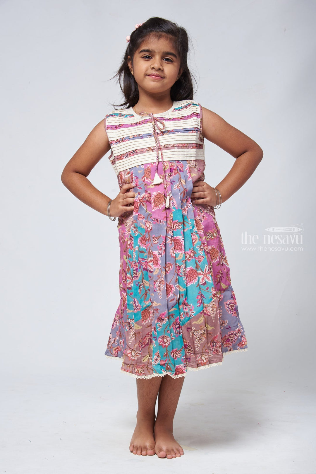 The Nesavu Girls Cotton Frock Vibrant Multicolor Floral Cotton Frock - Girls Chic Dress Nesavu 22 (4Y) / Multi color / Cotton GFC1106A-22 Beautiful Cotton Frock | Cotton Casual Frocks | The Nesavu