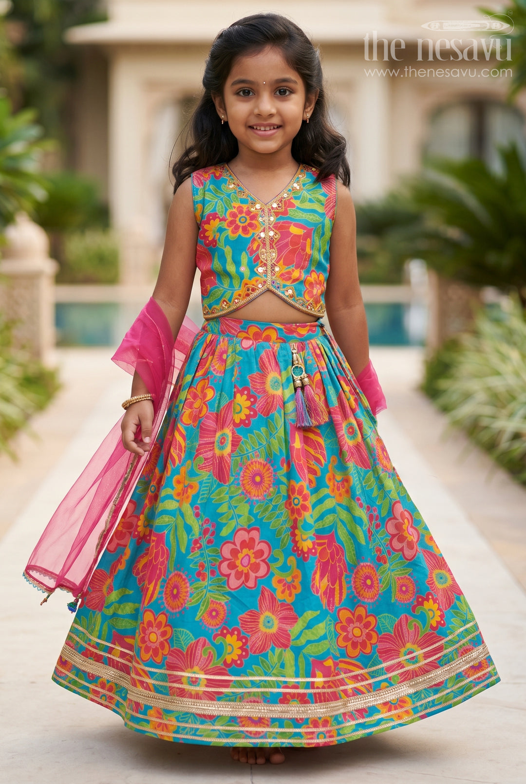 The Nesavu Girls Lehenga Choli Vibrant Multicolor Floral Lehenga Choli Set for Girls Nesavu 16 (1Y) / Multicolor GL447A-16 Vibrant Multicolor Floral Lehenga Choli Set for Girls - Bright & Stylish | The Nesavu