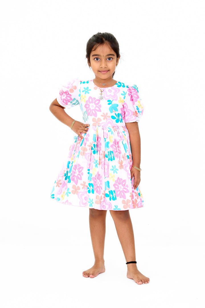 The Nesavu Girls Fancy Frock Vibrant Multicolor Georgette Flower Girls Fancy Frock with Floral Prints and Puff Sleeves Nesavu 16 (1Y) / Multicolor GFC1514A-16 Nesavu Vibrant Multicolor Georgette Flower Girls Fancy Frock Floral Prints Puff Sleeves
