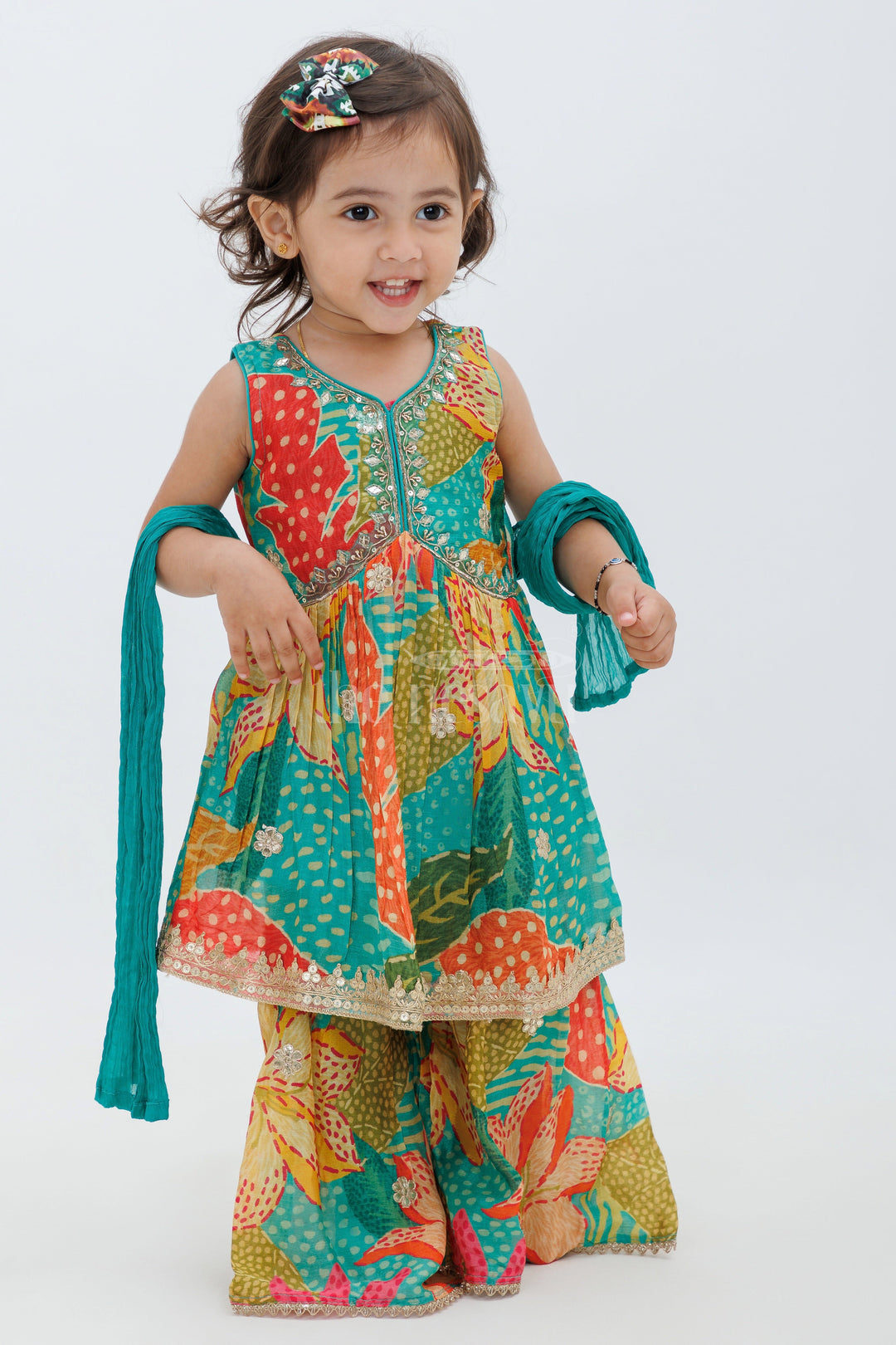 The Nesavu Girls Sharara / Plazo Set Vibrant Multicolor Ghagra Dress for Kids Nesavu 16 (1Y) / Green GPS367A-16 Vibrant Multicolor Ghagra Dress for Kids - Sharara Set