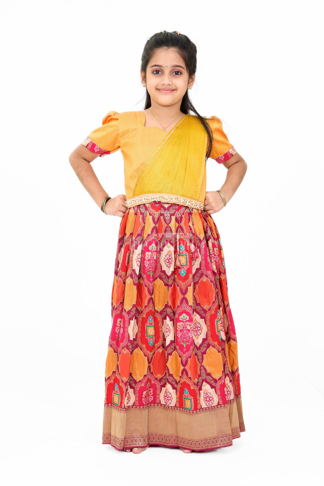 The Nesavu Girls Lehenga Choli Vibrant Mustard and Red Silk Lehenga Choli for Girls with Embroidered Dupatta Nesavu 18 (2Y) / Yellow GL553A-18 Mustard Red Silk Lehenga Choli Girls Embroidered Dupatta | The Nesavu