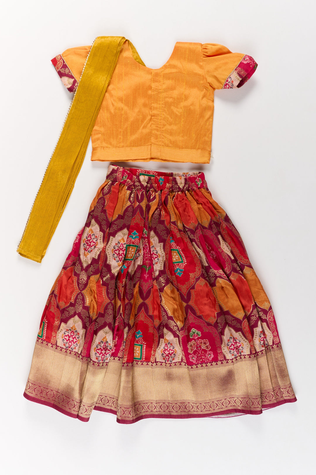 The Nesavu Girls Lehenga Choli Vibrant Mustard and Red Silk Lehenga Choli for Girls with Embroidered Dupatta Nesavu Mustard Red Silk Lehenga Choli Girls Embroidered Dupatta | The Nesavu