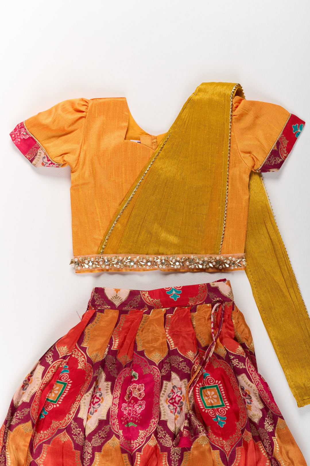 The Nesavu Girls Lehenga Choli Vibrant Mustard and Red Silk Lehenga Choli for Girls with Embroidered Dupatta Nesavu Mustard Red Silk Lehenga Choli Girls Embroidered Dupatta | The Nesavu