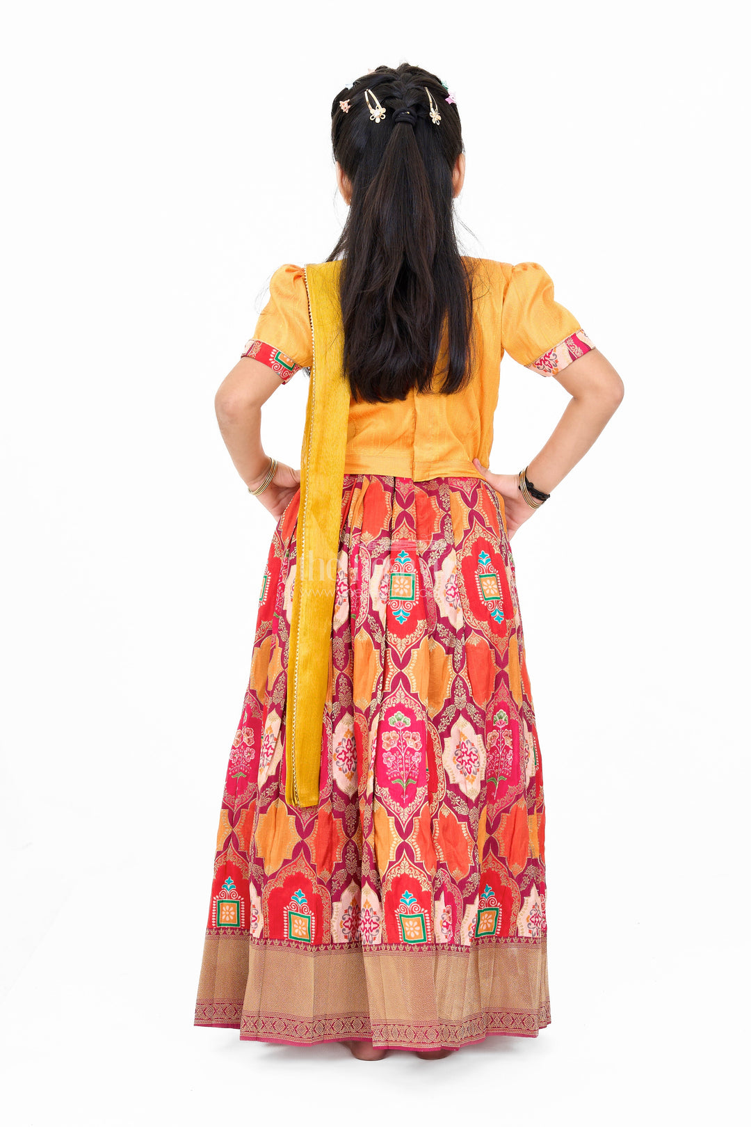 The Nesavu Girls Lehenga Choli Vibrant Mustard and Red Silk Lehenga Choli for Girls with Embroidered Dupatta Nesavu Mustard Red Silk Lehenga Choli Girls Embroidered Dupatta | The Nesavu
