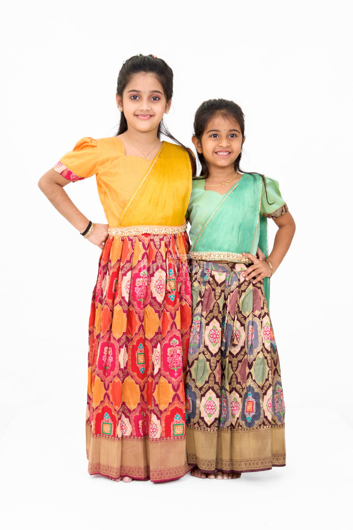 The Nesavu Girls Lehenga Choli Vibrant Mustard and Red Silk Lehenga Choli for Girls with Embroidered Dupatta Nesavu Mustard Red Silk Lehenga Choli Girls Embroidered Dupatta | The Nesavu