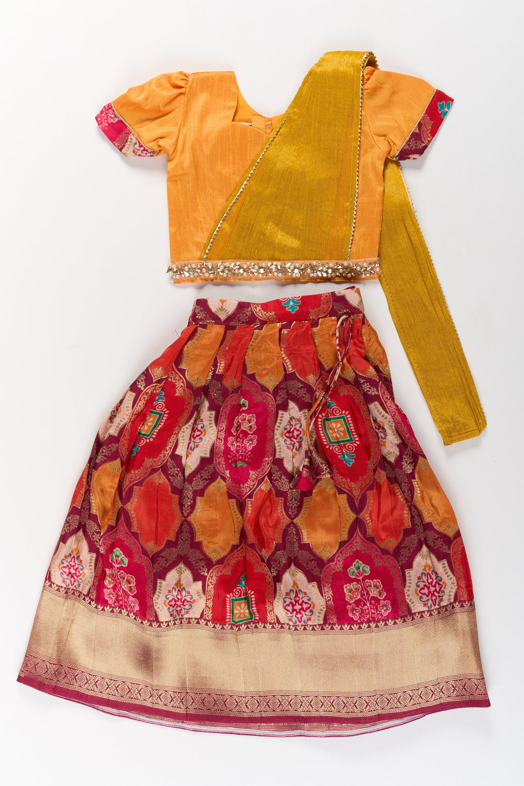 The Nesavu Girls Lehenga Choli Vibrant Mustard and Red Silk Lehenga Choli for Girls with Embroidered Dupatta Nesavu Nesavu Mustard Red Silk Lehenga Choli Girls Embroidered Dupatta