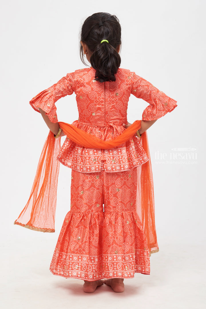 The Nesavu Girls Sharara / Plazo Set Vibrant Orange Alia Set: Bandhani Printed & Sequin Embroidered Kurti with Gharara - Indian Dresses for Trendy Girls Nesavu Girls Modern Kurti with Gharara Set Online | Printed Kurti Set for Girls | The Nesavu