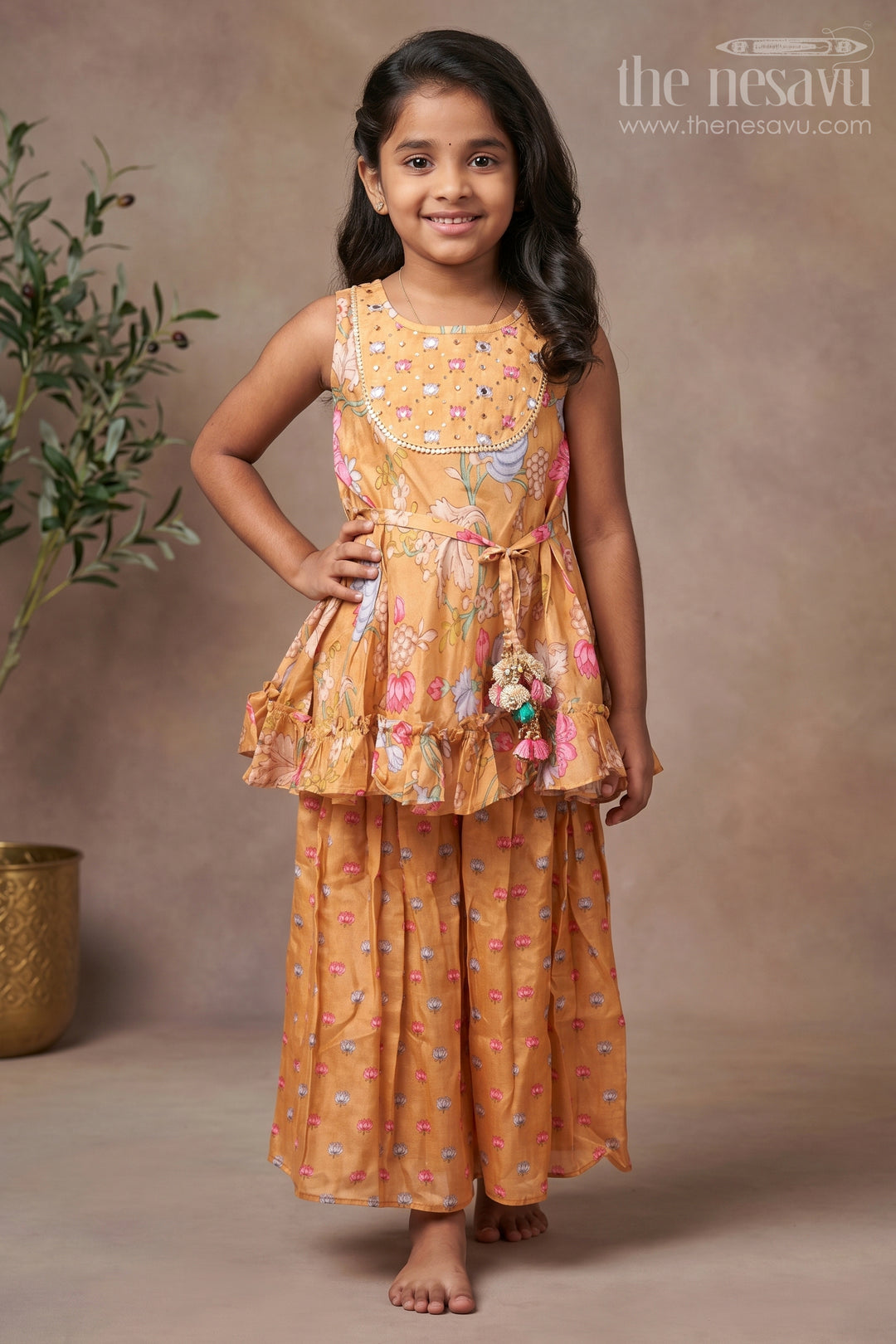 The Nesavu Girls Sharara / Plazo Set Vibrant Orange Floral Flared Kurti & Pleated Palazzo: Sun-Kissed Elegance for Girls- Designer Dress for Traditional Festives Nesavu 16 (1Y) / Orange / Muslin Silk GPS209B-16 Comfortable Kurti with Palazzo for Kids | The Nesavu