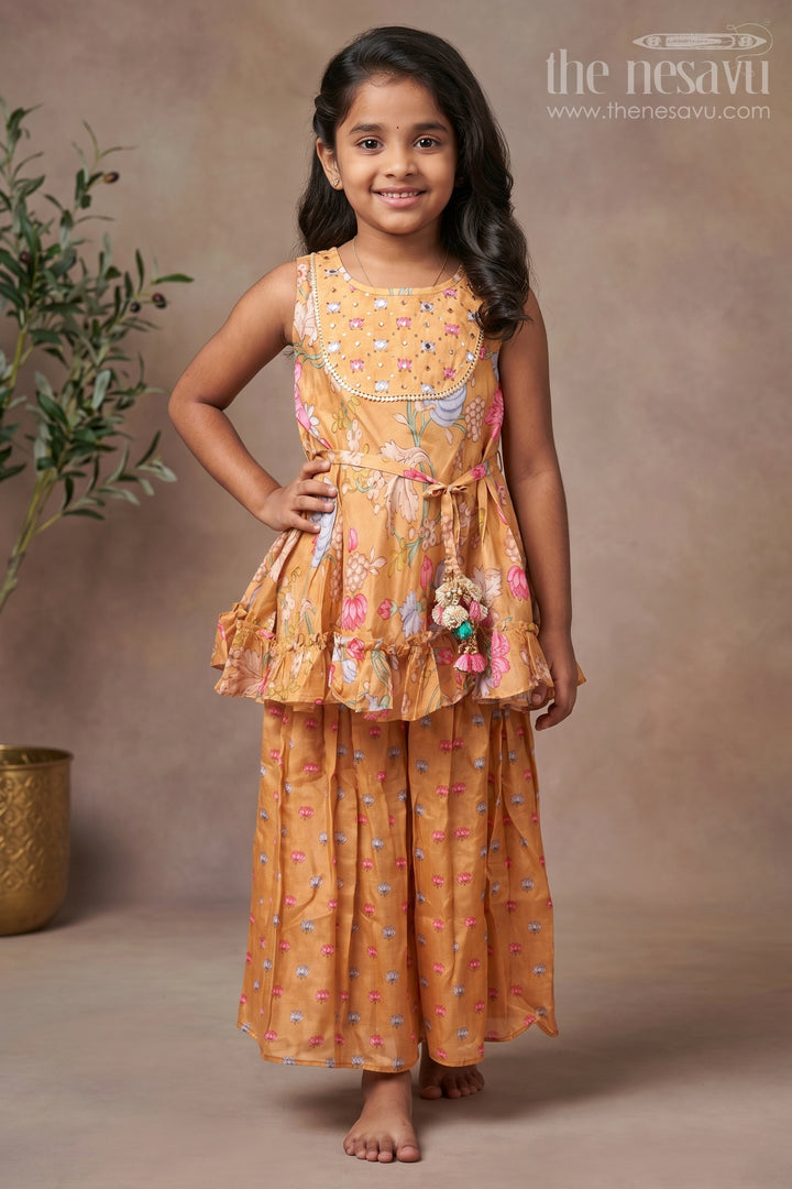 The Nesavu Girls Sharara / Plazo Set Vibrant Orange Floral Flared Kurti &amp; Pleated Palazzo: Sun-Kissed Elegance for Girls- Designer Dress for Traditional Festives Nesavu 16 (1Y) / Orange / Muslin Silk GPS209B-16 Comfortable Kurti with Palazzo for Kids | The Nesavu