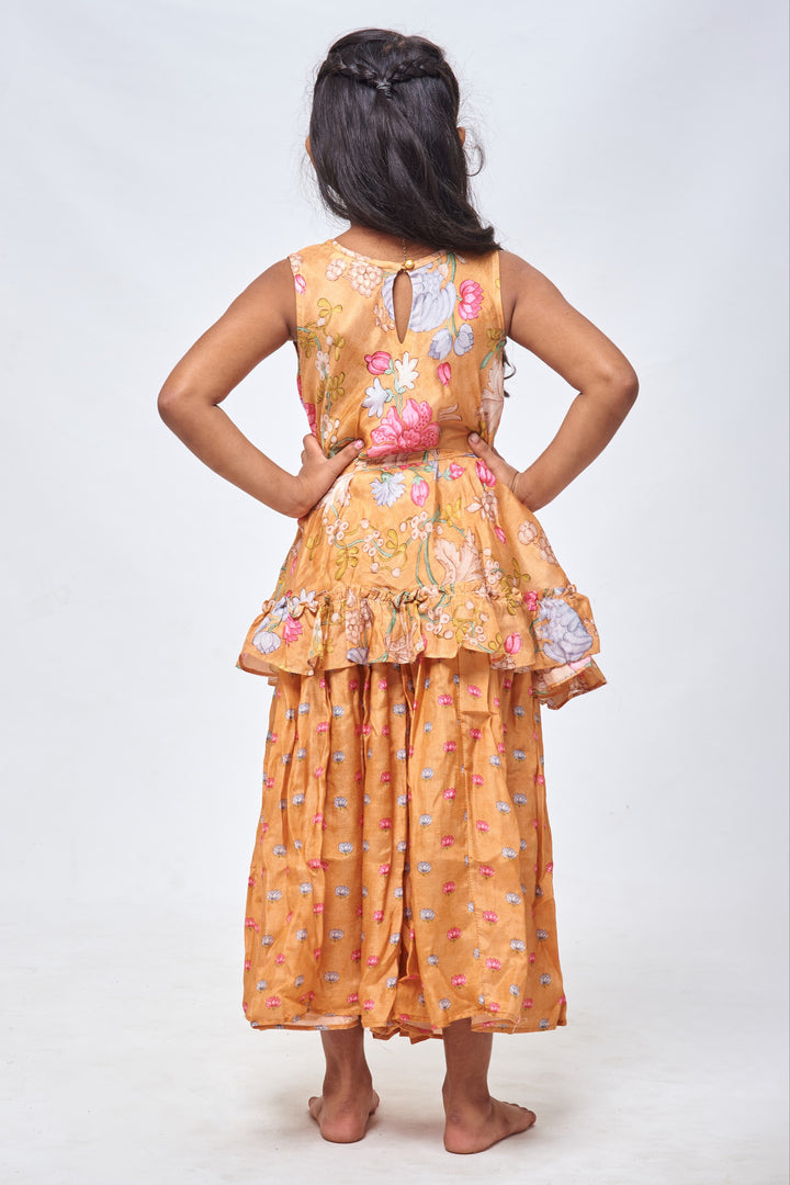 The Nesavu Girls Sharara / Plazo Set Vibrant Orange Floral Flared Kurti & Pleated Palazzo: Sun-Kissed Elegance for Girls- Designer Dress for Traditional Festives Nesavu Comfortable Kurti with Palazzo for Kids | Latest Diwali Designs 2023 | The Nesavu