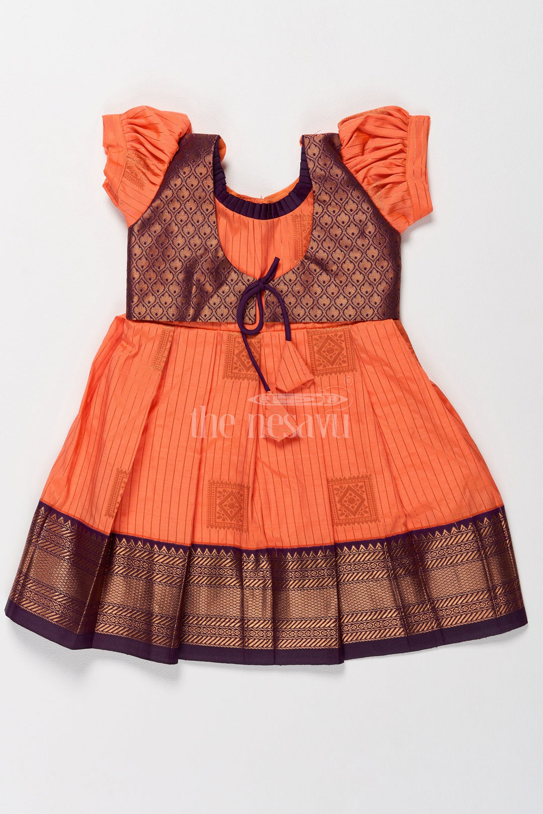 The Nesavu Girls Kanchi Silk Frock Vibrant Orange Girls Kanchi Simple Silk Frock with Intricate Gold Zari Borders Nesavu 14 (6M) / Orange / Style 3 SF815EC-14 Traditional Orange Simple Kanchi Silk Frock Zari Borders Girls Nesavu