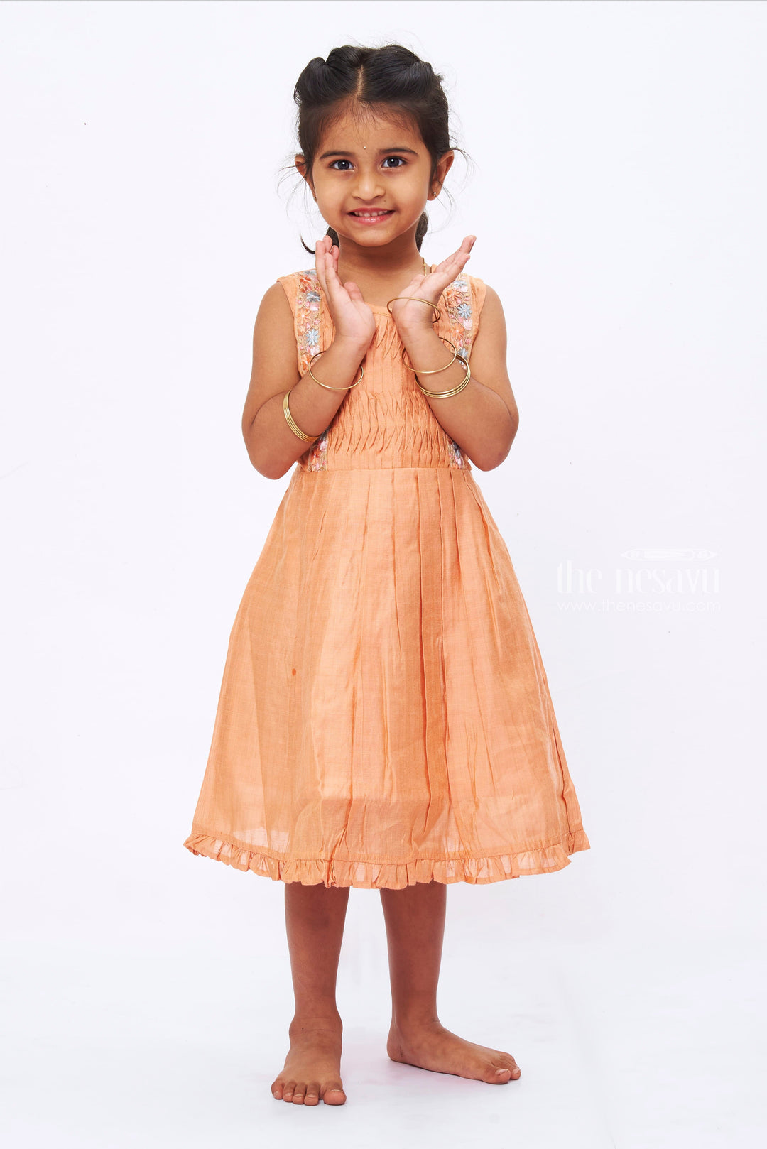 The Nesavu Girls Cotton Frock Vibrant Orange Pleated Frock with Delicate Lace Detail Nesavu Chic Orange Girls Frock | Elegant Lace Detail | Trendy Sleeveless Design | The Nesavu