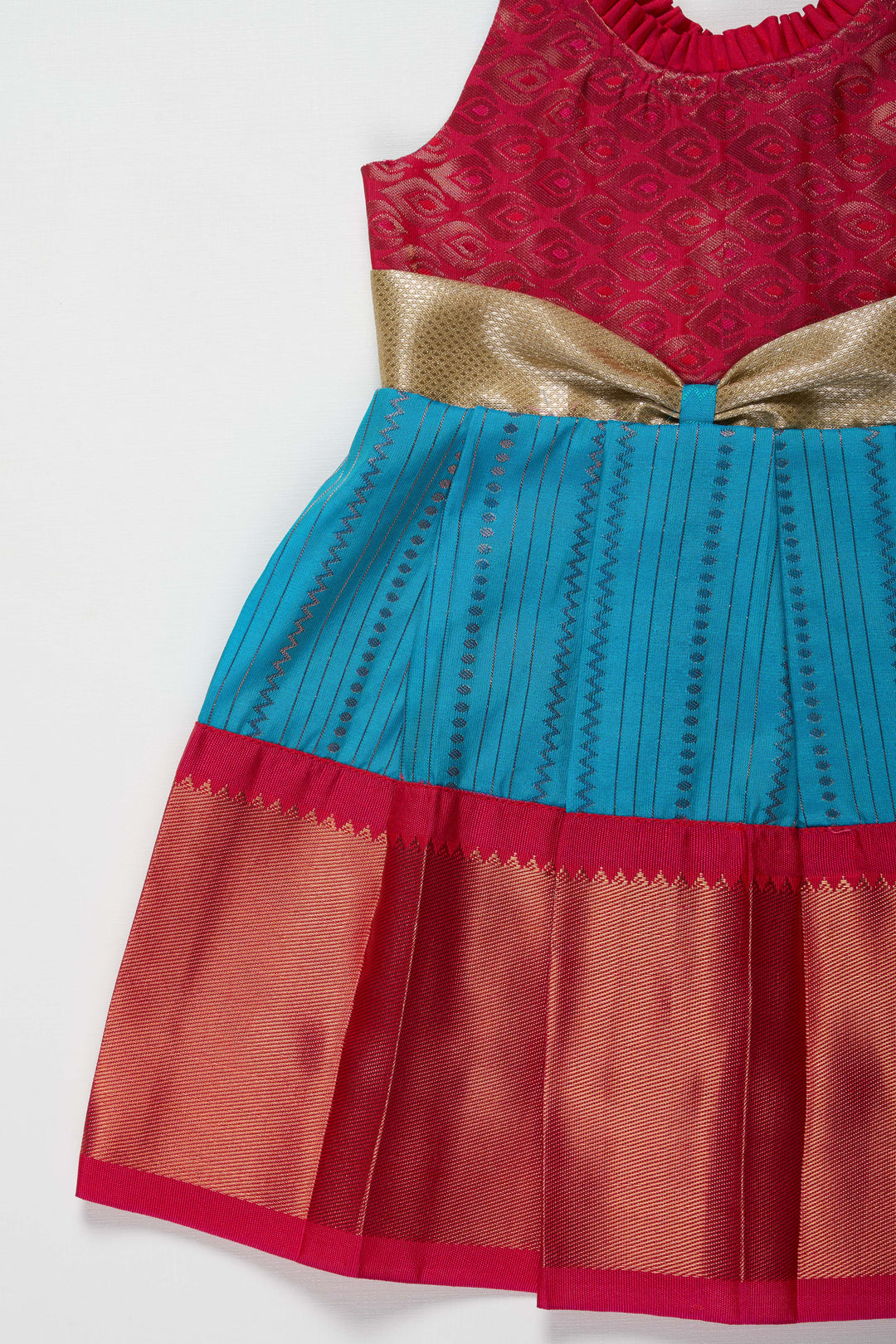 The Nesavu Girls Kanchi Silk Frock Vibrant Pink and Blue Silk Frock with Silver Waist Detail Nesavu 14 (6M) / Blue / Style 1 SF811A-14 Vibrant Pink and Blue Silk Frock with Silver Waistband for Girls