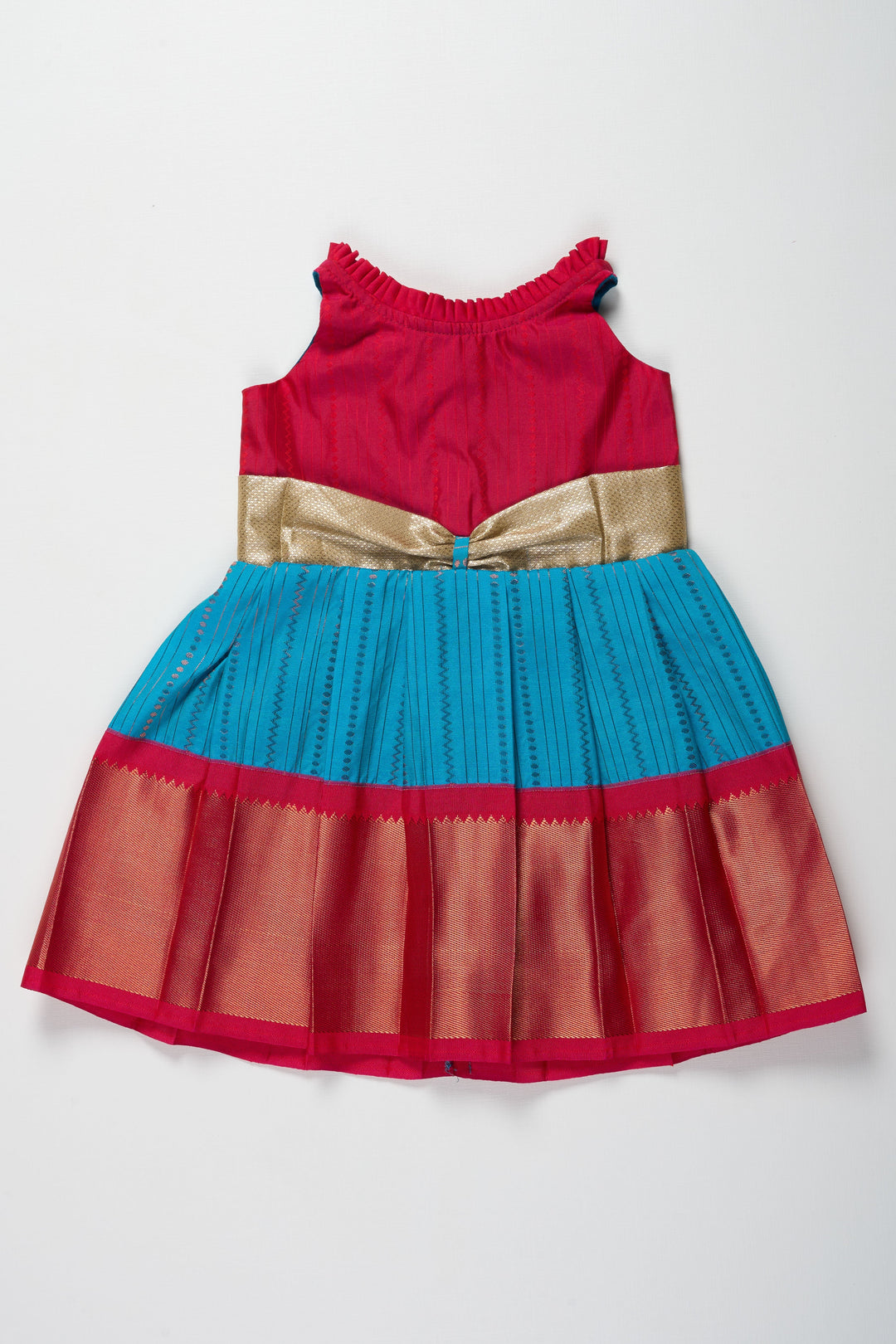 The Nesavu Girls Kanchi Silk Frock Vibrant Pink and Blue Silk Frock with Silver Waist Detail Nesavu 16 (1Y) / Blue / Style 3 SF811C-16 Vibrant Pink and Blue Silk Frock with Silver Waistband for Girls