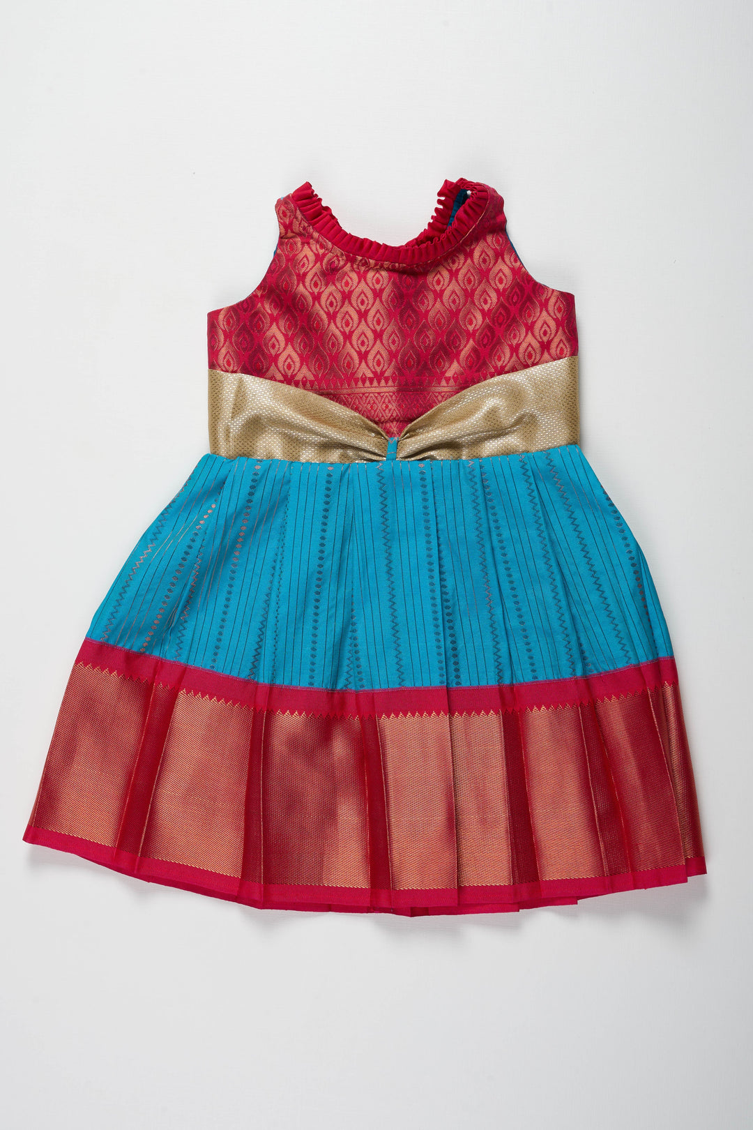 The Nesavu Girls Kanchi Silk Frock Vibrant Pink and Blue Silk Frock with Silver Waist Detail Nesavu 18 (2Y) / Blue / Style 2 SF811B-18 Vibrant Pink and Blue Silk Frock with Silver Waistband for Girls