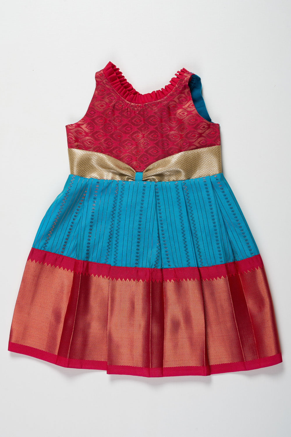 The Nesavu Girls Kanchi Silk Frock Vibrant Pink and Blue Silk Frock with Silver Waist Detail Nesavu Vibrant Pink and Blue Silk Frock with Silver Waistband for Girls