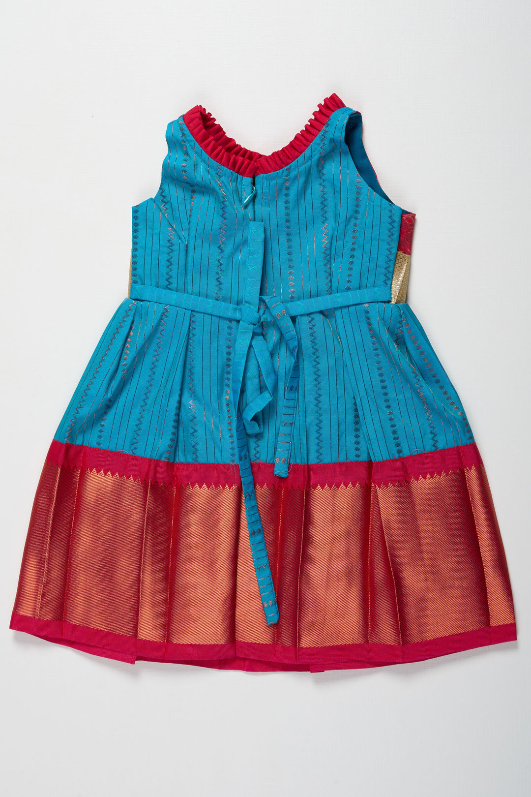 The Nesavu Girls Kanchi Silk Frock Vibrant Pink and Blue Silk Frock with Silver Waist Detail Nesavu Vibrant Pink and Blue Silk Frock with Silver Waistband for Girls