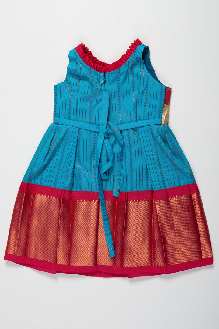 The Nesavu Girls Kanchi Silk Frock Vibrant Pink and Blue Silk Frock with Silver Waist Detail Nesavu Vibrant Pink and Blue Silk Frock with Silver Waistband for Girls