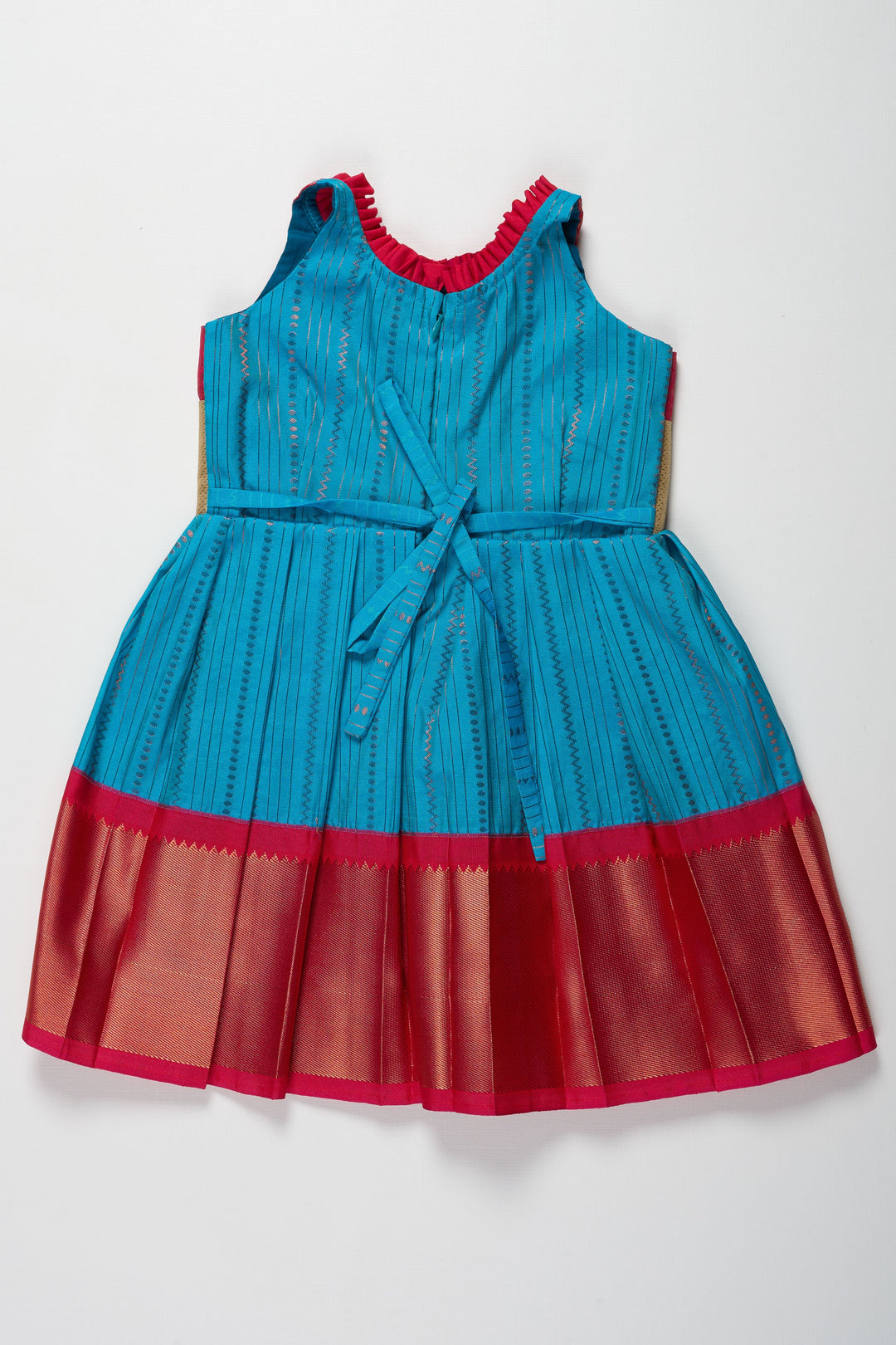 The Nesavu Girls Kanchi Silk Frock Vibrant Pink and Blue Silk Frock with Silver Waist Detail Nesavu Vibrant Pink and Blue Silk Frock with Silver Waistband for Girls