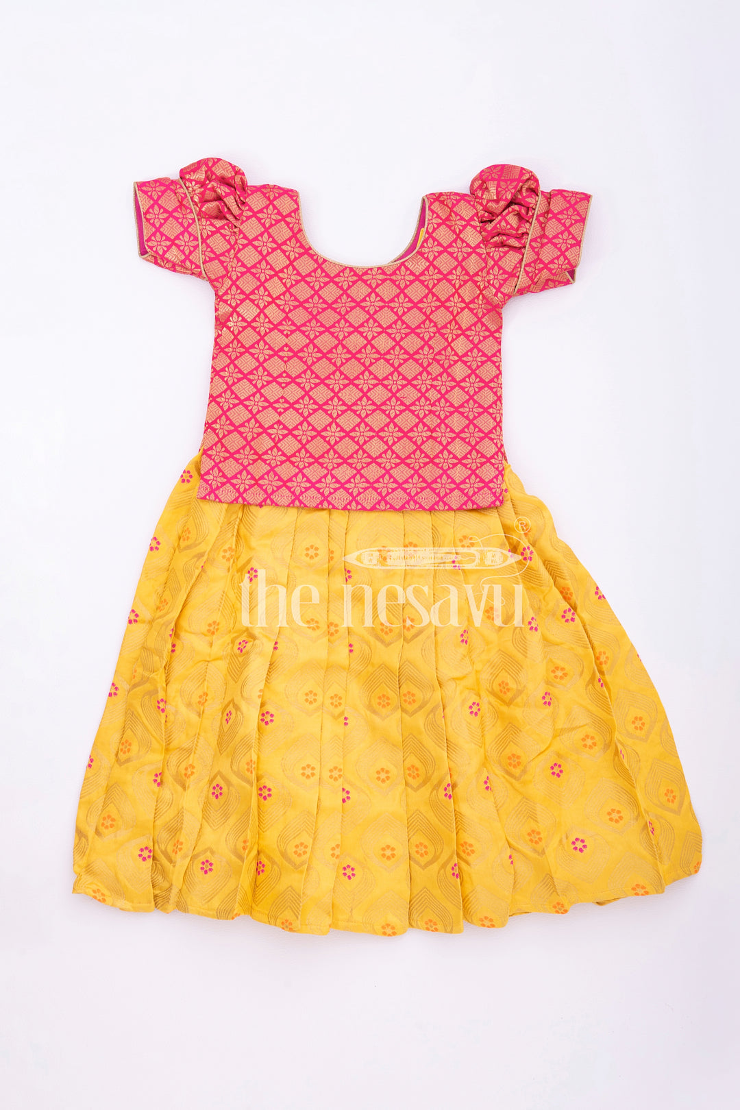 The Nesavu Pattu Pavadai Vibrant Pink and Yellow Silk Pattu Pavadai for Kids Nesavu 14 (6M) / Yellow GPP314A-14 Pink and Yellow Silk Pattu Pavadai for Kids - Festive Traditional Wear