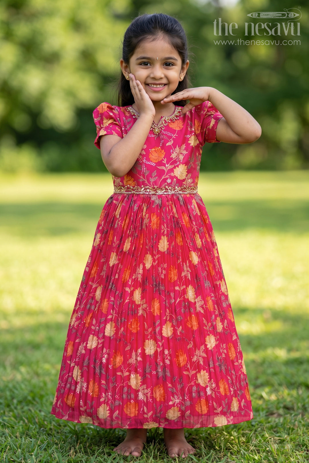 The Nesavu Girls Party Gown Vibrant Red and Orange Floral Girls Chinon Silk Gown with Puff Sleeves for Cocktail Parties Nesavu 24 (5Y) / Red GA242C-24 Nesavu Red Orange Floral Silk Gown Puff Sleeves Girls Cocktail Parties