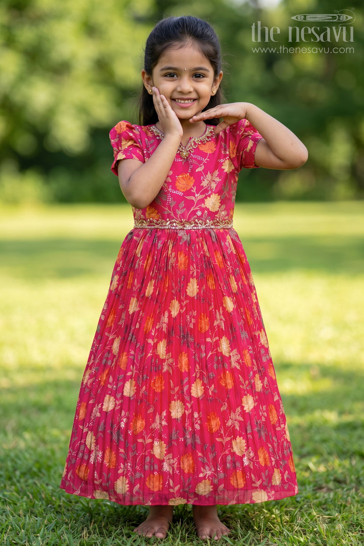 The Nesavu Girls Party Gown Vibrant Red and Orange Floral Girls Chinon Silk Gown with Puff Sleeves for Cocktail Parties Nesavu 24 (5Y) / Red GA242C-24 Nesavu Red Orange Floral Silk Gown Puff Sleeves Girls Cocktail Parties