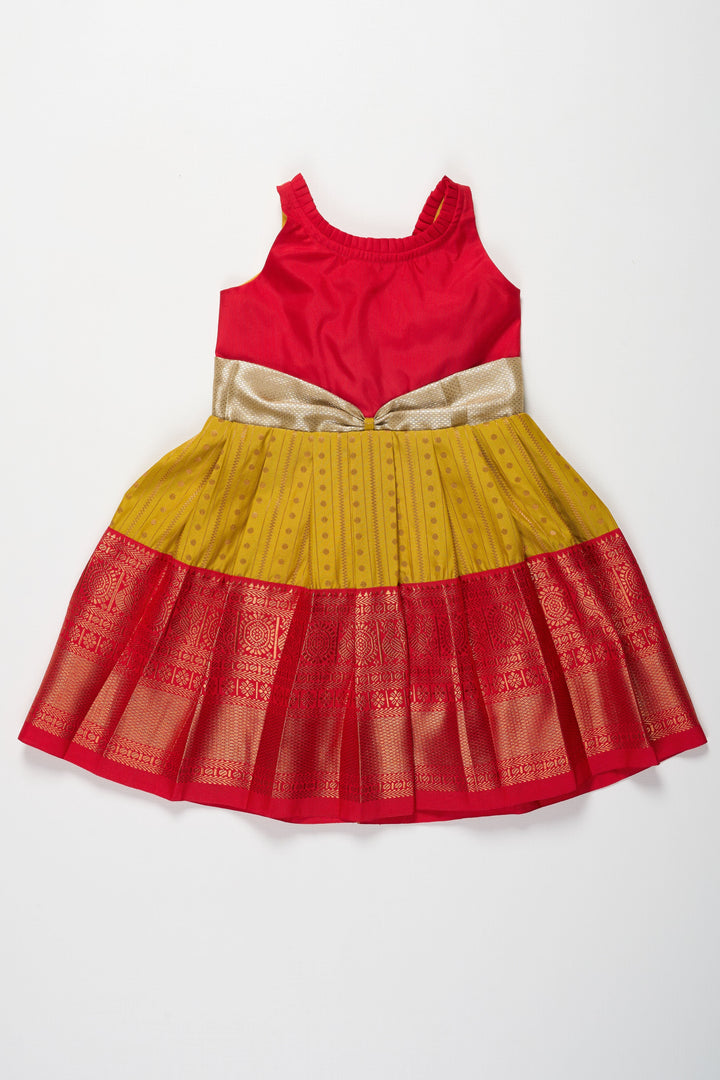 The Nesavu Girls Kanchi Silk Frock Vibrant Red and Yellow Silk Frock with Shimmering Silver Bow Nesavu 16 (1Y) / Yellow / Style 3 SF809C-16