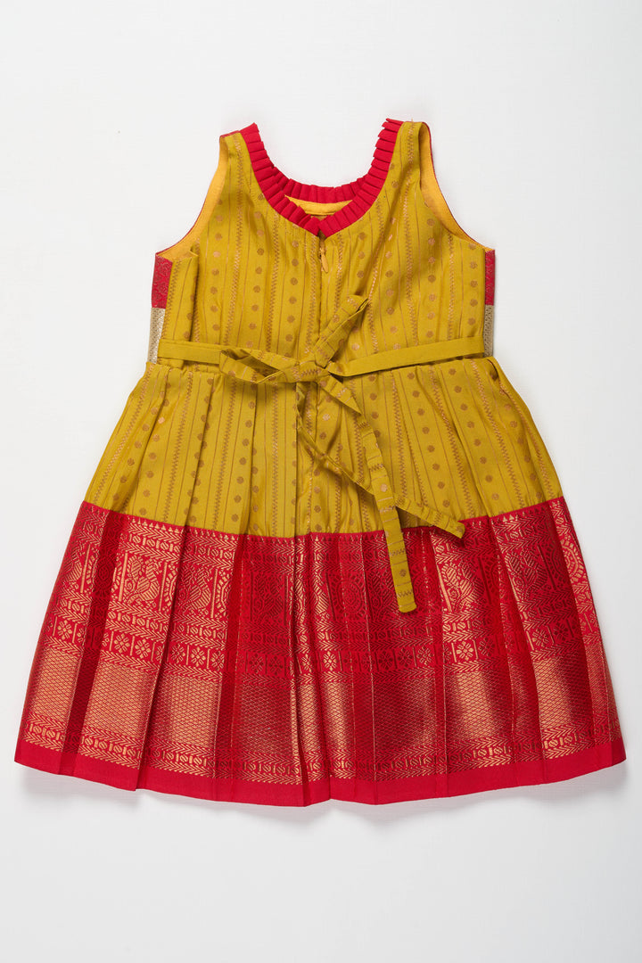 The Nesavu Girls Kanchi Silk Frock Vibrant Red and Yellow Silk Frock with Shimmering Silver Bow Nesavu