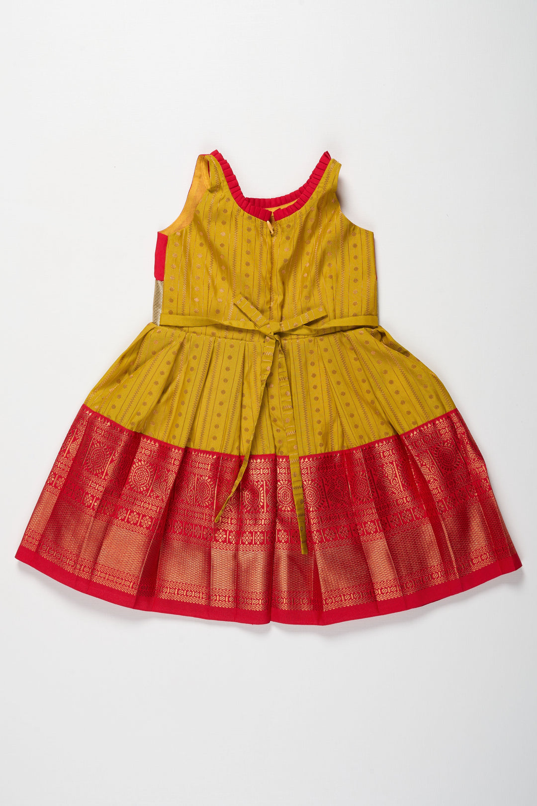 The Nesavu Girls Kanchi Silk Frock Vibrant Red and Yellow Silk Frock with Shimmering Silver Bow Nesavu