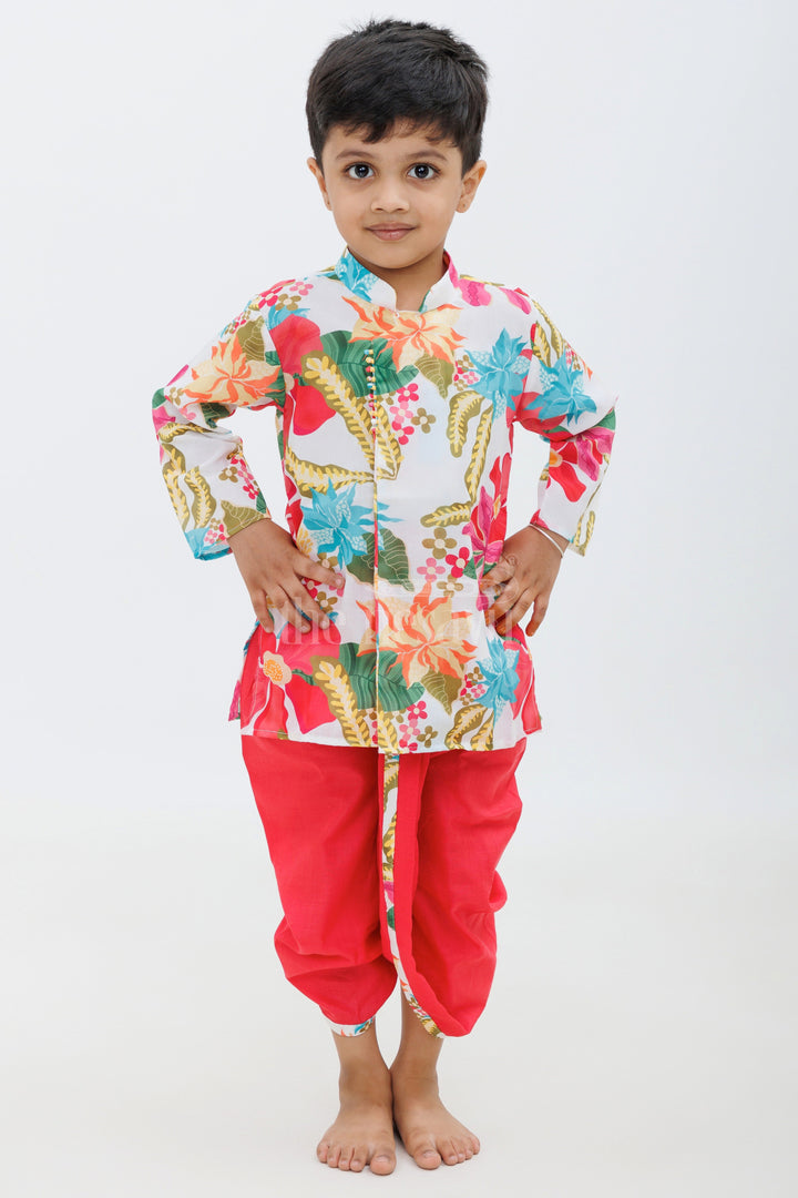 The Nesavu Boys Dothi Set Vibrant Red Cotton Ethnic Boys Dhoti Kurtha Set Nesavu 10 (NB) / Red BES563A-10 Red Cotton Ethnic Boys Dhoti Kurtha Set with Floral Design - Nesavu