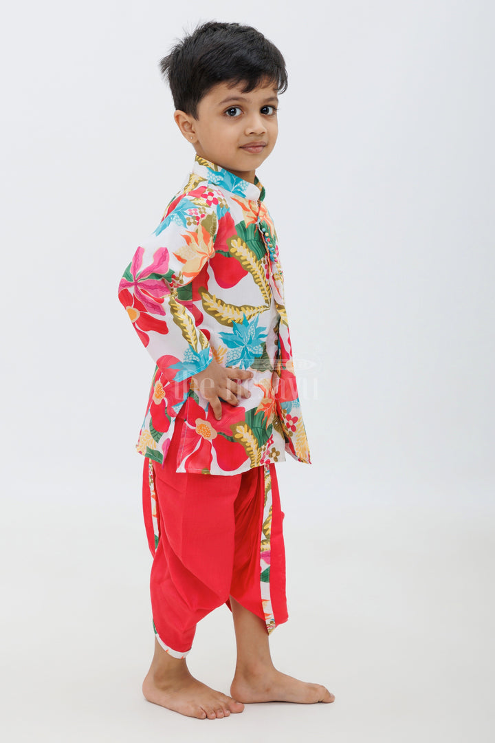 The Nesavu Boys Dothi Set Vibrant Red Cotton Ethnic Boys Dhoti Kurtha Set Nesavu Red Cotton Ethnic Boys Dhoti Kurtha Set with Floral Design - Nesavu