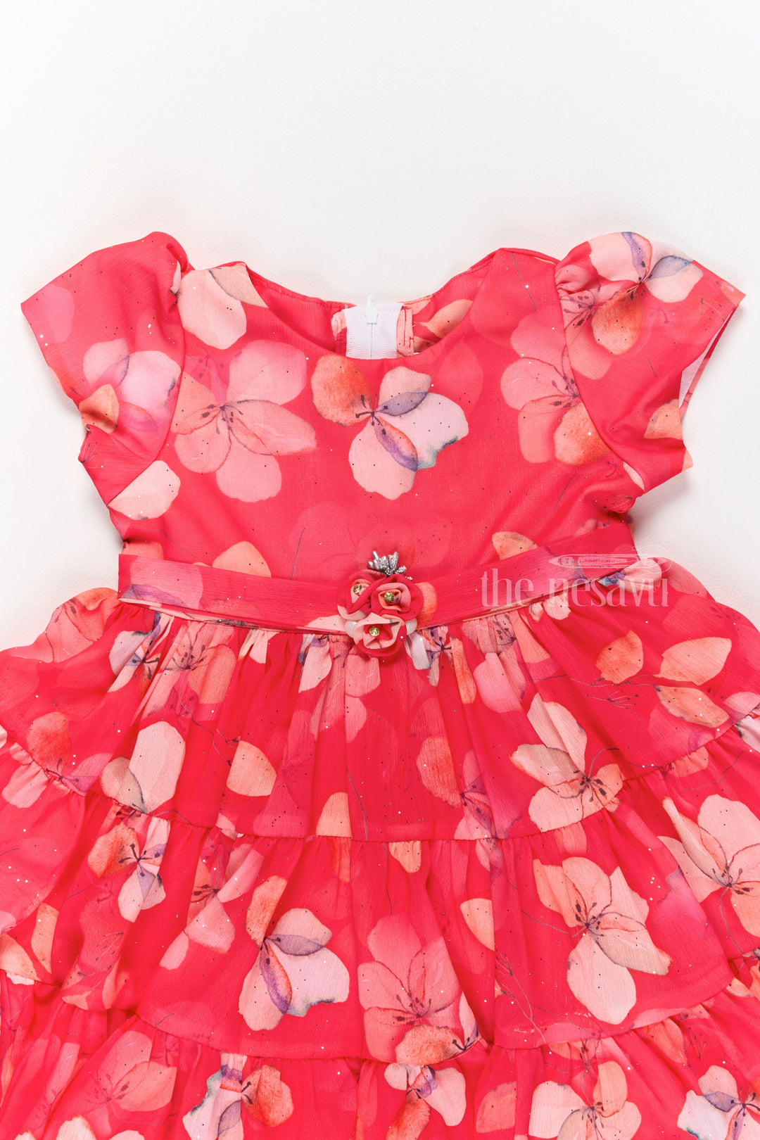 The Nesavu Girls Fancy Frock Vibrant Red Fancy Christmas Outfit for Girls with Butterfly Floral Motifs Nesavu Red Fancy Christmas Outfit Girls Festive Floral Motifs | The Nesavu