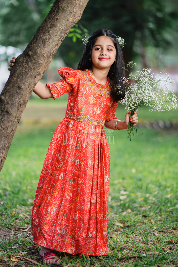 The Nesavu Girls Silk Gown Vibrant Rustic Orange Girls Anarkali with Traditional Embroidery Nesavu 16 (1Y) / Orange / Blend Silk GA221A-16 Shop Rustic Orange Anarkali for Girls | Traditional Festive Wear Online | The Nesavu