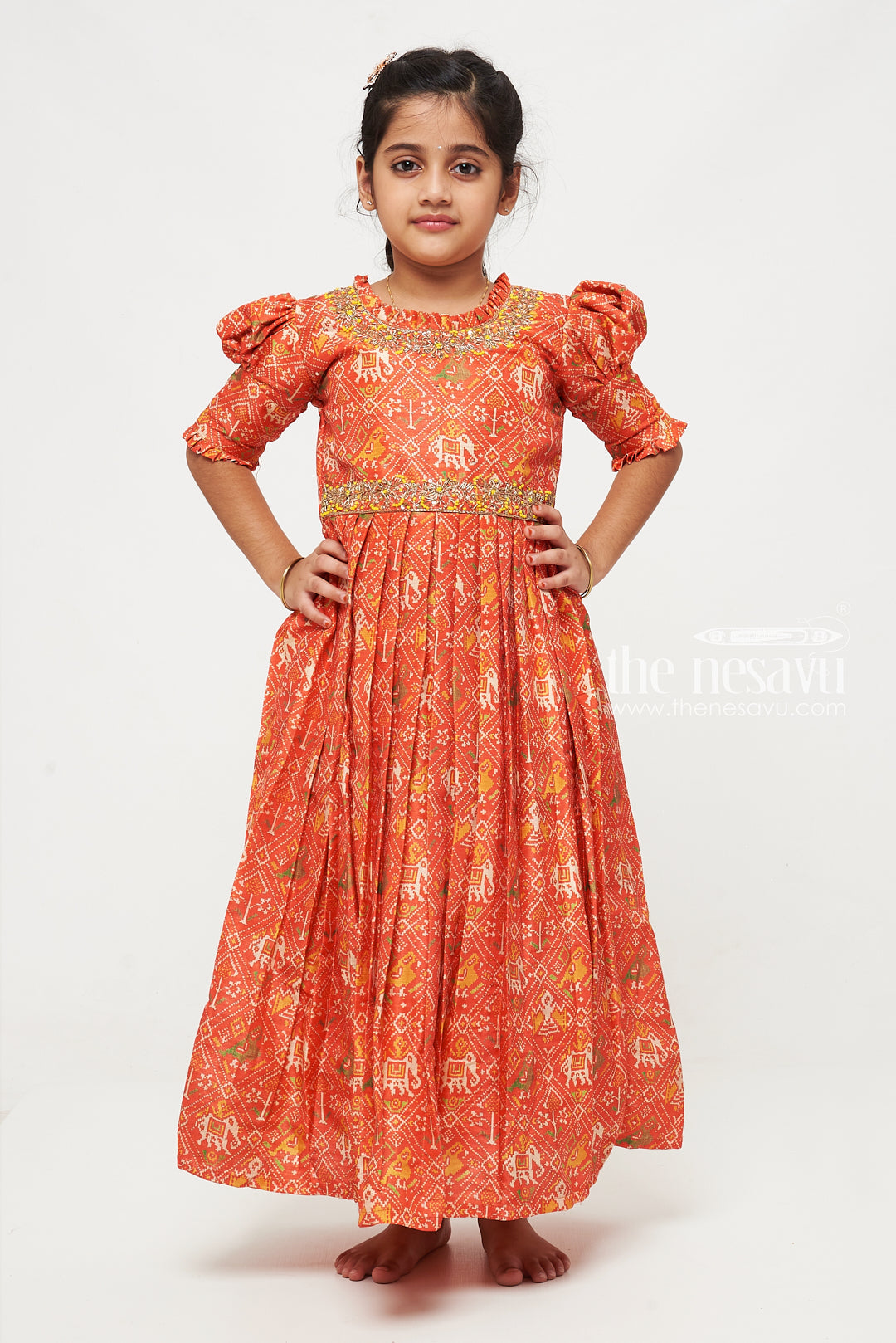 The Nesavu Girls Silk Gown Vibrant Rustic Orange Girls Anarkali with Traditional Embroidery Nesavu Shop Rustic Orange Anarkali for Girls | Traditional Festive Wear Online | The Nesavu