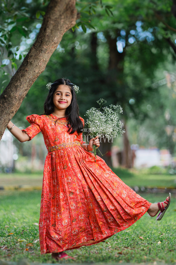 The Nesavu Girls Silk Gown Vibrant Rustic Orange Girls Anarkali with Traditional Embroidery Nesavu Shop Rustic Orange Anarkali for Girls | Traditional Festive Wear Online | The Nesavu