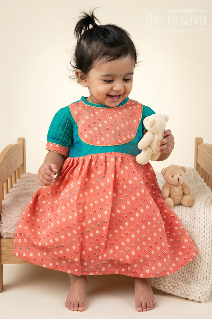 The Nesavu Baby Cotton Frocks Vibrant Teal and Coral Geometric Print Frock for Toddlers Nesavu 18 (2Y) / Red / Cotton BFJ494A-18 Casual Geometric Print Dress for toddlers | The Nesavu