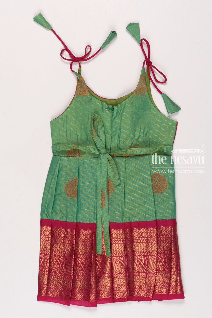 The Nesavu Tie-up Frock Vibrant TieUp Silk Frock for Girls  Contrast Magenta and Green with Traditional Patterns Nesavu Girls Magenta Green Silk Frock | Festive Tie Up Design | Traditional Chic Attire | The Nesavu