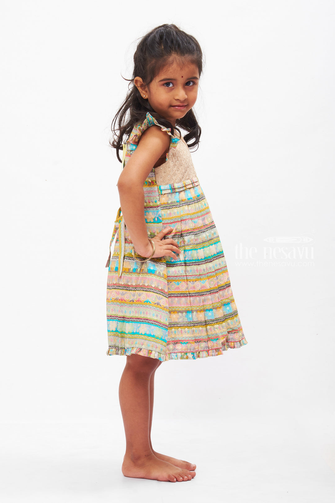 The Nesavu Girls Cotton Frock Vibrant Tribal Pattern Cotton Frock for Girls Nesavu Girls Tribal Print Cotton Dress | Multicolor Traditional Patterns | The Nesavu