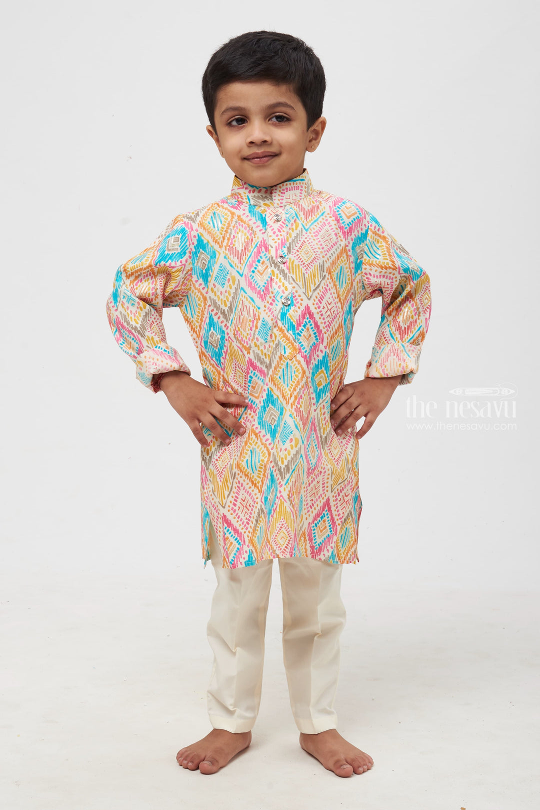 The Nesavu Boys Kurtha Set Vibrant Visions: Boys' Colorful Geometric Print Shirt with Pristine White Trousers Nesavu 14 (6M) / multicolor / Modal Chanderi BES415A-14 Boys Rich Crafted Kurta Paired with Perfect Pant | Ceremonial Elegance | The Nesavu