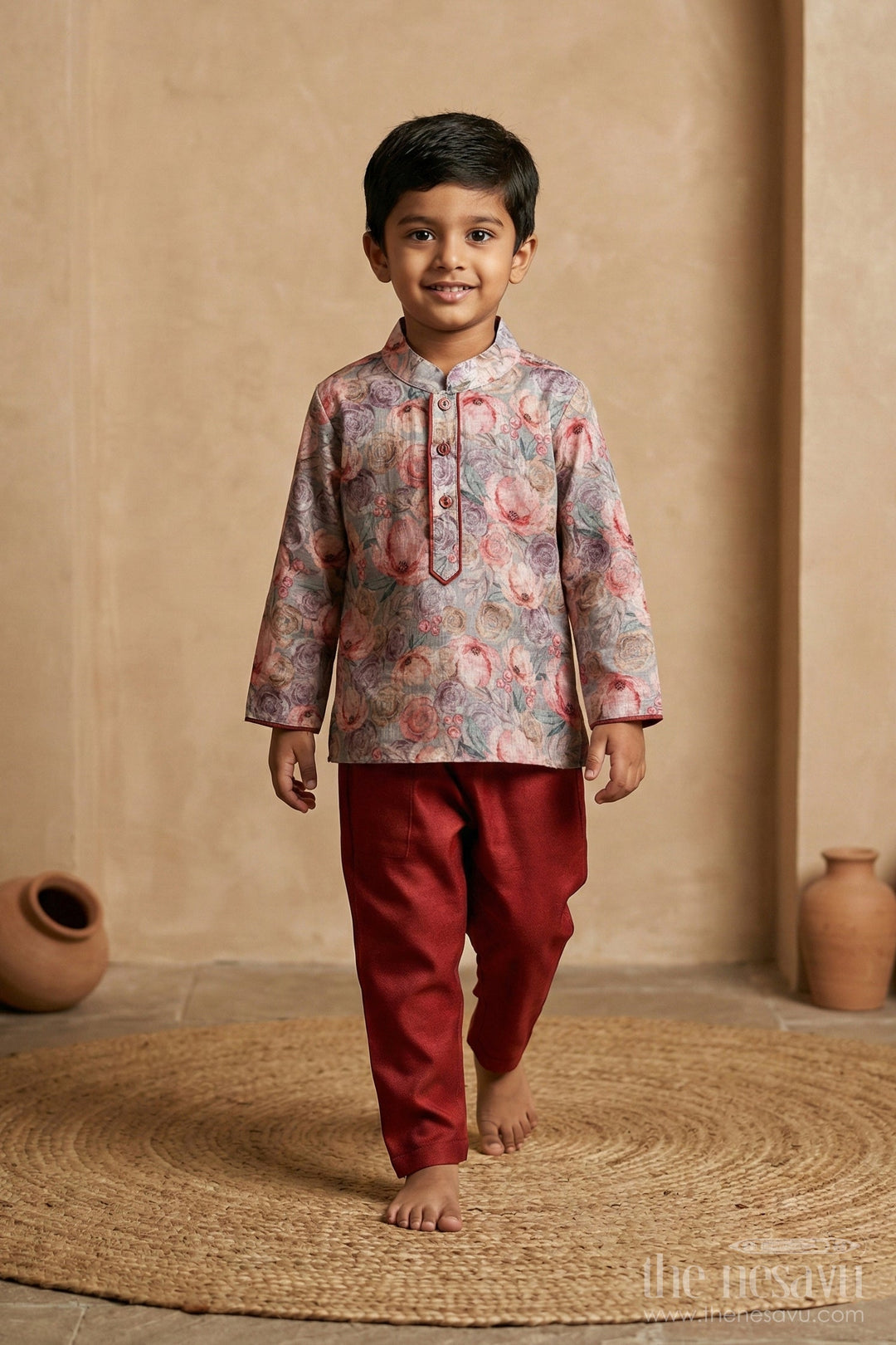 The Nesavu Boys Kurtha Set Vibrant Watercolor Floral Printed Semi-Linen Boys Kurta Pant Setperfect for Festive and Casual Wear Nesavu 12 (3M) / Gray / Linen Blend BES550A-12 Vibrant Watercolor Floral Printed Semi-Linen Boys Kurta Pant Set - Festive & Casual Wear | The Nesavu