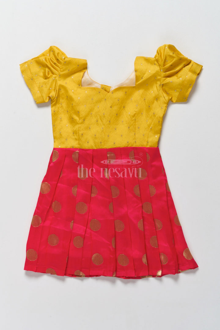 The Nesavu Silk Frock Vibrant Yellow and Gold Jacquard Design of Short Frock for Girls with Puff Sleeves Nesavu 14 (6M) / Yellow / Style 3 SF947C-14 Nesavus Yellow Gold Jacquard Design Short Frock Playful Puff Sleeves