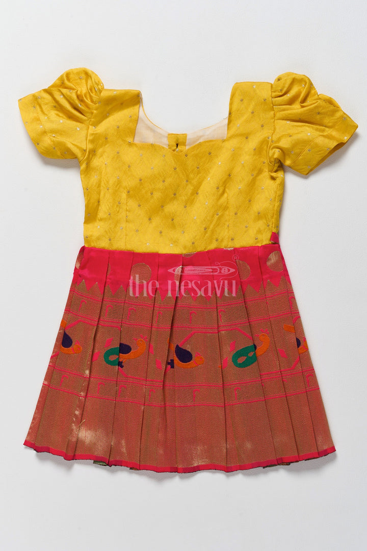 The Nesavu Silk Frock Vibrant Yellow and Gold Jacquard Design of Short Frock for Girls with Puff Sleeves Nesavu 22 (4Y) / Yellow / Style 1 SF947A-22 Nesavus Yellow Gold Jacquard Design Short Frock Playful Puff Sleeves