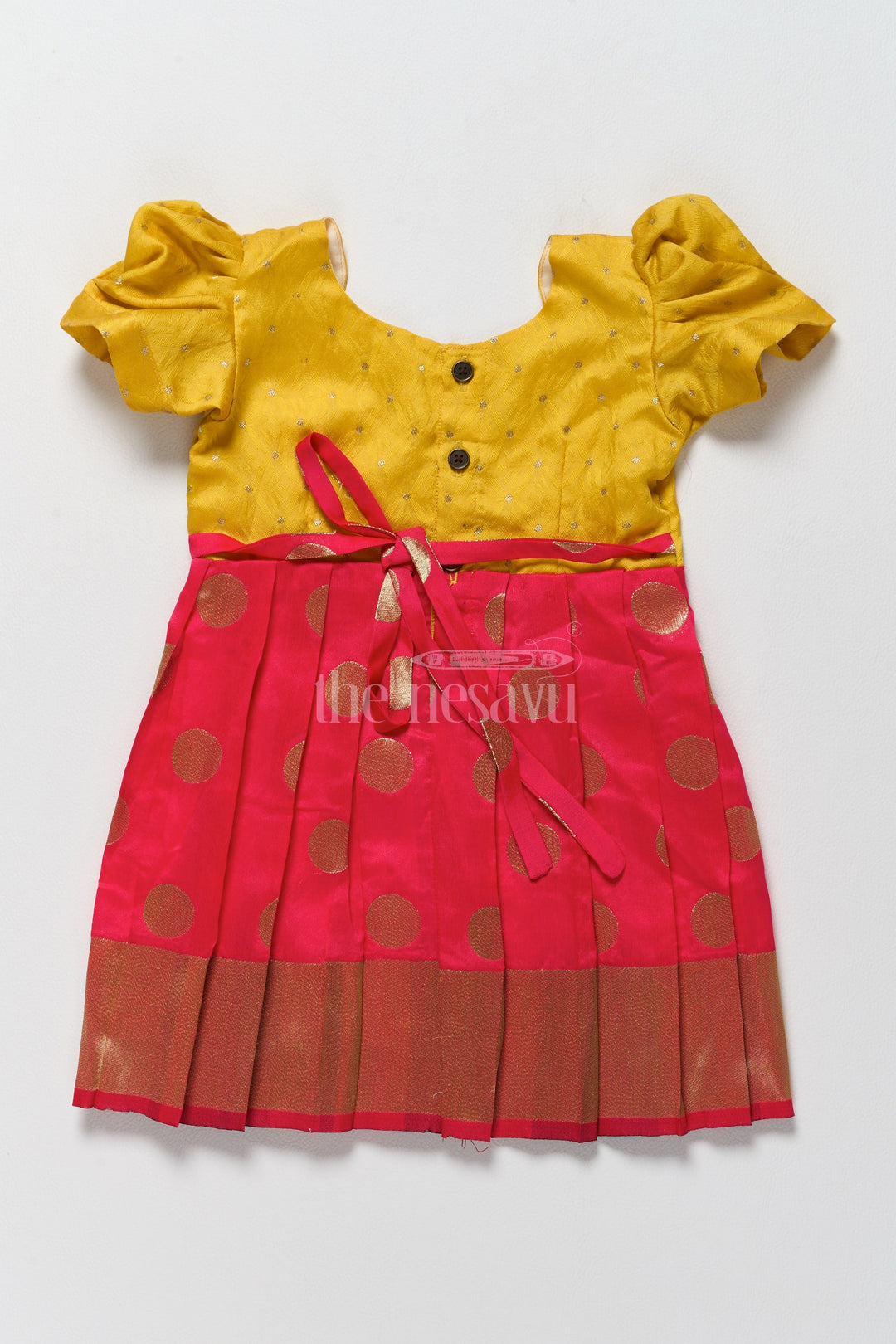 The Nesavu Silk Frock Vibrant Yellow and Gold Jacquard Design of Short Frock for Girls with Puff Sleeves Nesavu Nesavus Yellow Gold Jacquard Design Short Frock Playful Puff Sleeves