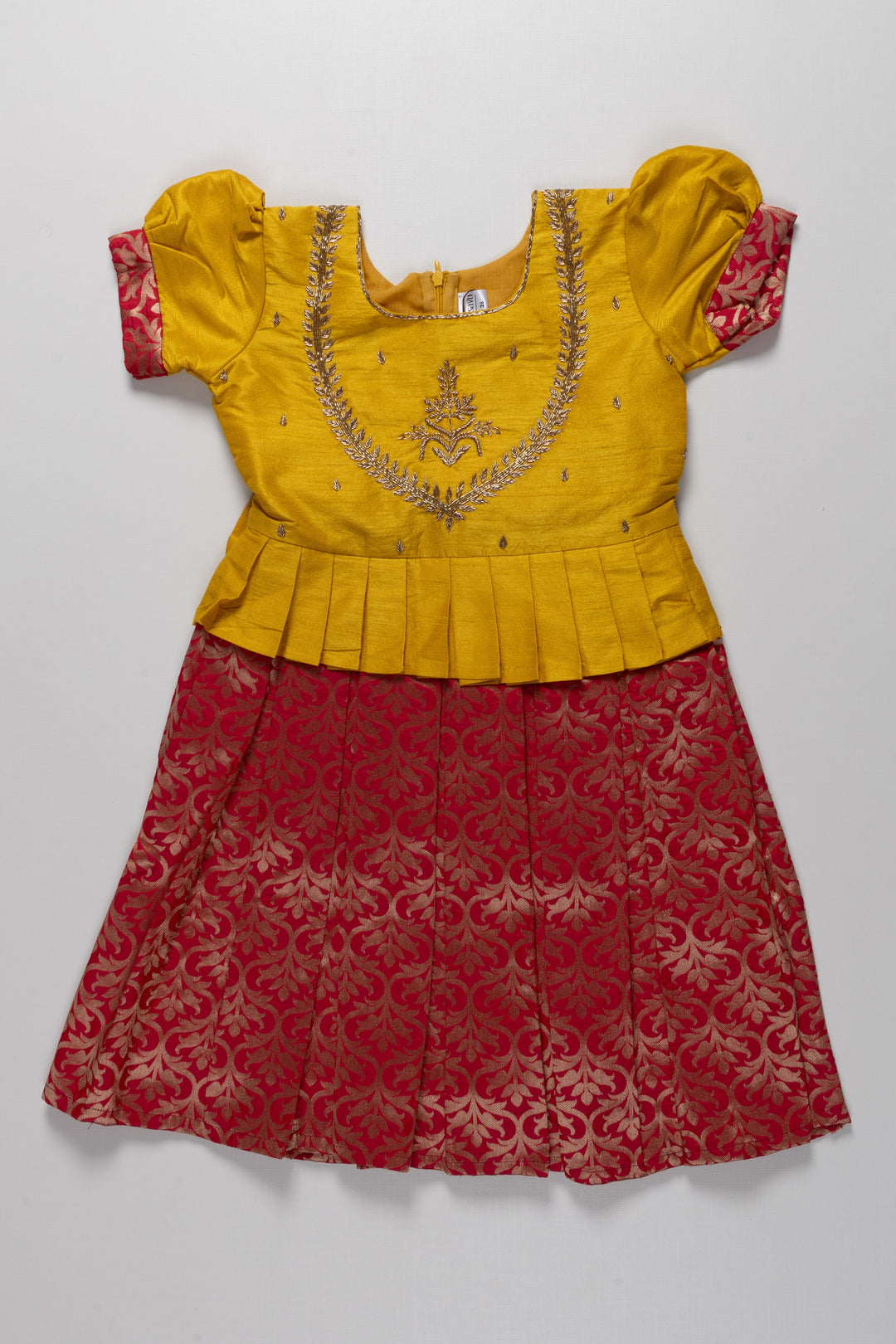 The Nesavu Silk Party Frock Vibrant Yellow and Red Pattu Silk Frock: Exquisite Gold Embroidery with Floral Banarasi Pattern for Girls Nesavu 16 (1Y) / Red / Silk Blend SF787A-16 Yellow and Red Pattu Silk Frock | Gold Floral Banarasi Pattern | Traditional Festive Wear for Girls | The Nesavu