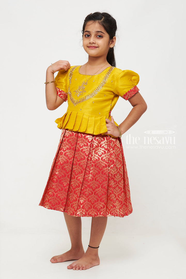 The Nesavu Silk Party Frock Vibrant Yellow and Red Pattu Silk Frock: Exquisite Gold Embroidery with Floral Banarasi Pattern for Girls Nesavu Yellow and Red Pattu Silk Frock | Gold Floral Banarasi Pattern | Traditional Festive Wear for Girls | The Nesavu